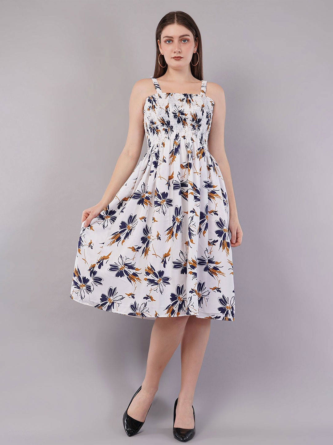 

FLY STITCH Floral Print Fit & Flare Midi Dress, White