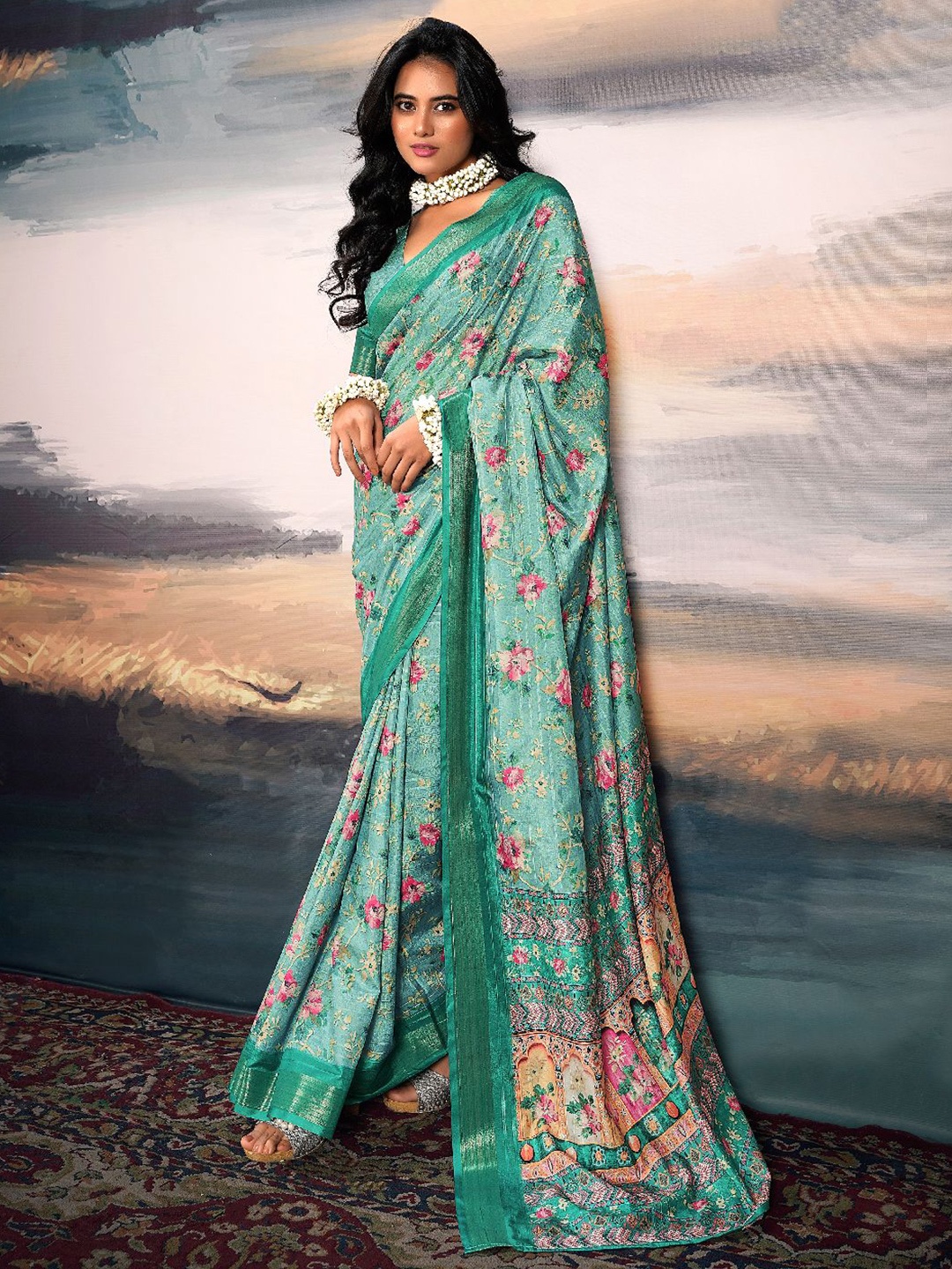 

DIVASTRI Floral Zari Saree, Turquoise blue