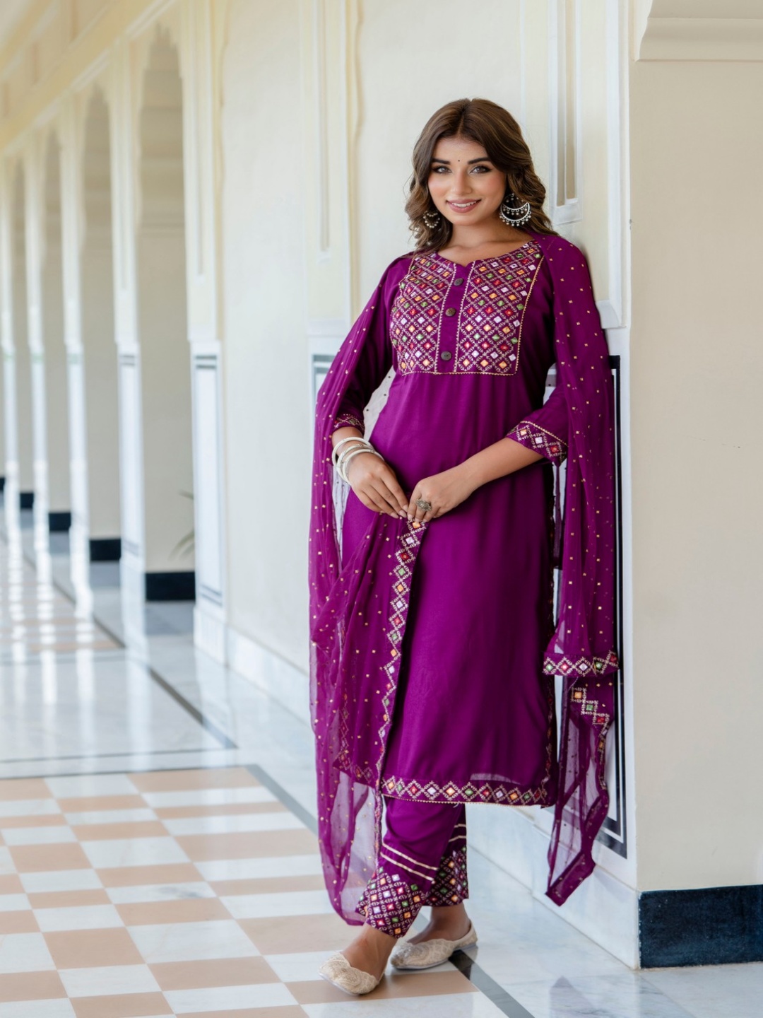 

Lookmark Women Embroidered Regular Kurta with Trousers & With Dupatta, Purple
