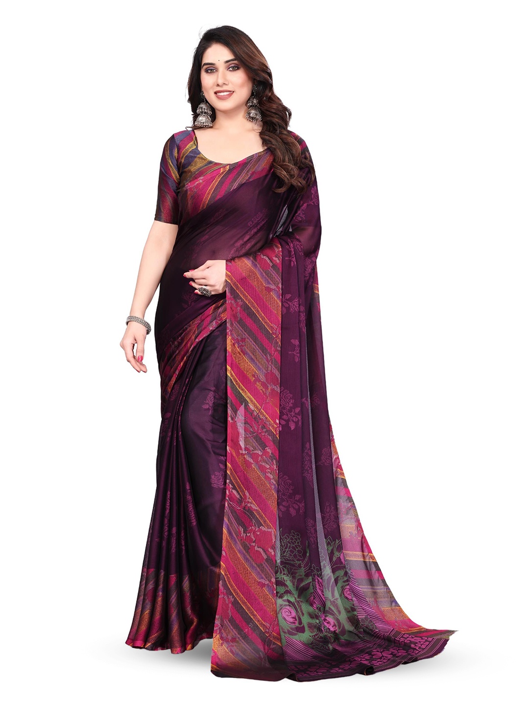 

MAGNEITTA Floral Pure Chiffon Saree, Purple