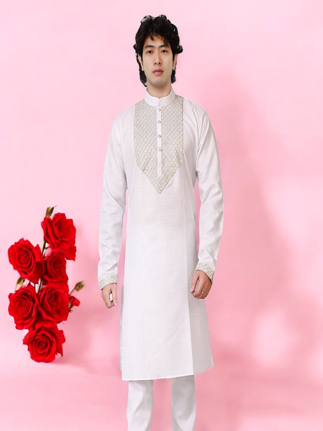 

Atly Yoke Design Embroidered Mandarin Collar Silk Straight Kurta, White