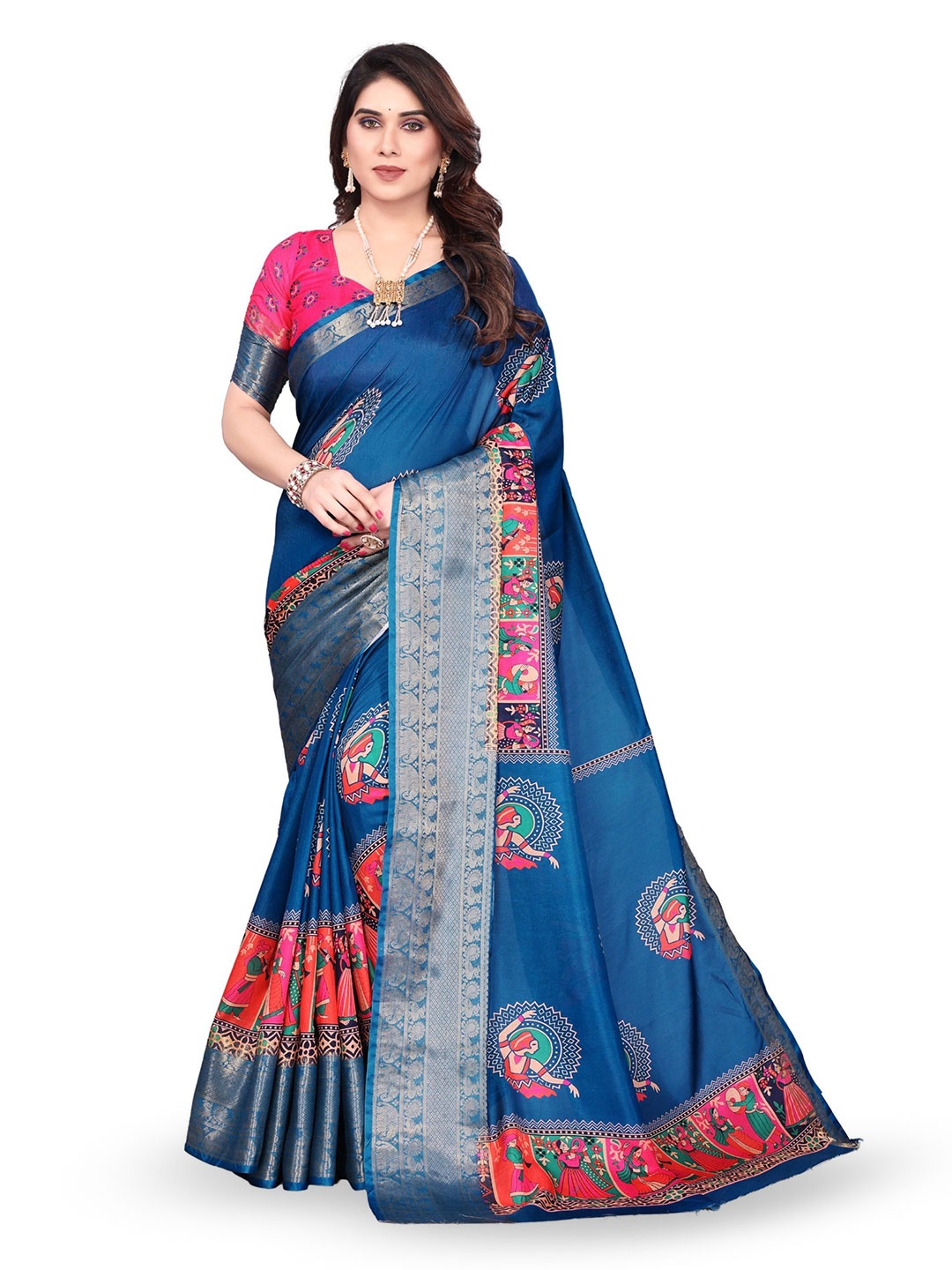 

MAGNEITTA Kalamkari Zari Silk Blend Designer Saree, Teal