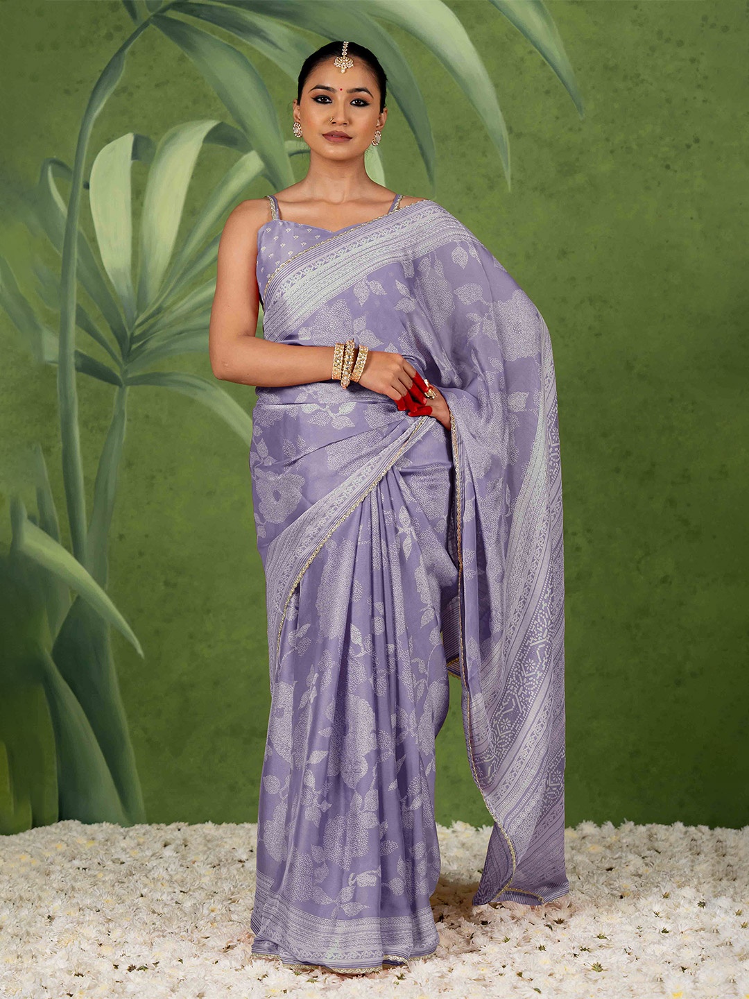 

MIRCHI FASHION Floral Embroidered Poly Chiffon Ready to Wear Saree, Purple