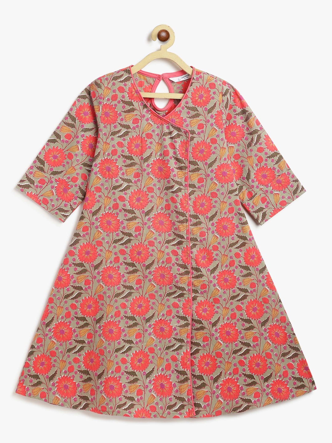 

Campana Girls Floral Printed Angrakha V-Neck Pure Cotton A-Line Kurta, Grey