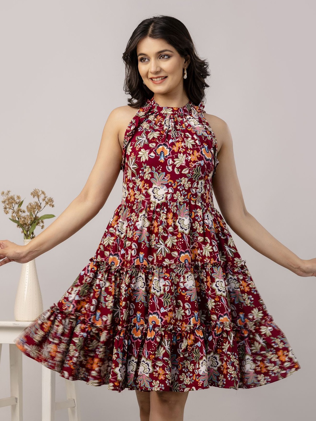 

PRESHA Floral Print Fit & Flare Mini Dress, Maroon