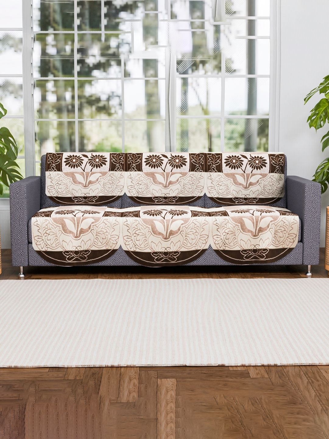 

Aura Brown & Beige 6 Pieces Self Design Cotton 3 Seater Sofa Cover