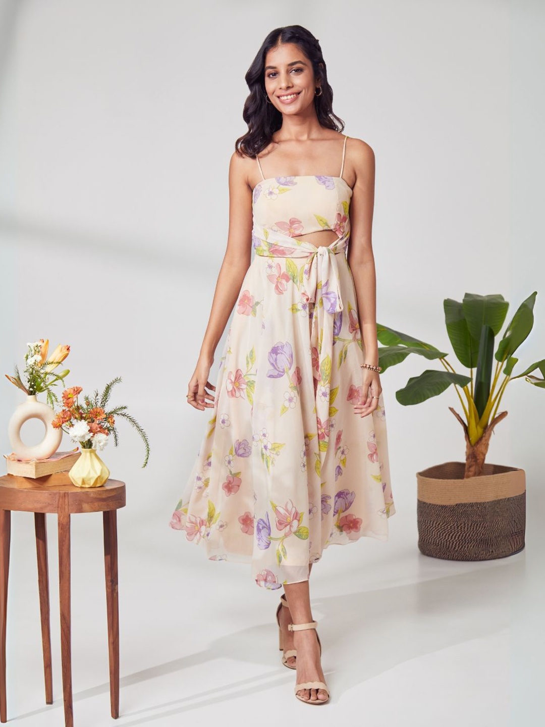 

Prose Stories Floral Print Chiffon Maxi Midi Dress, Beige