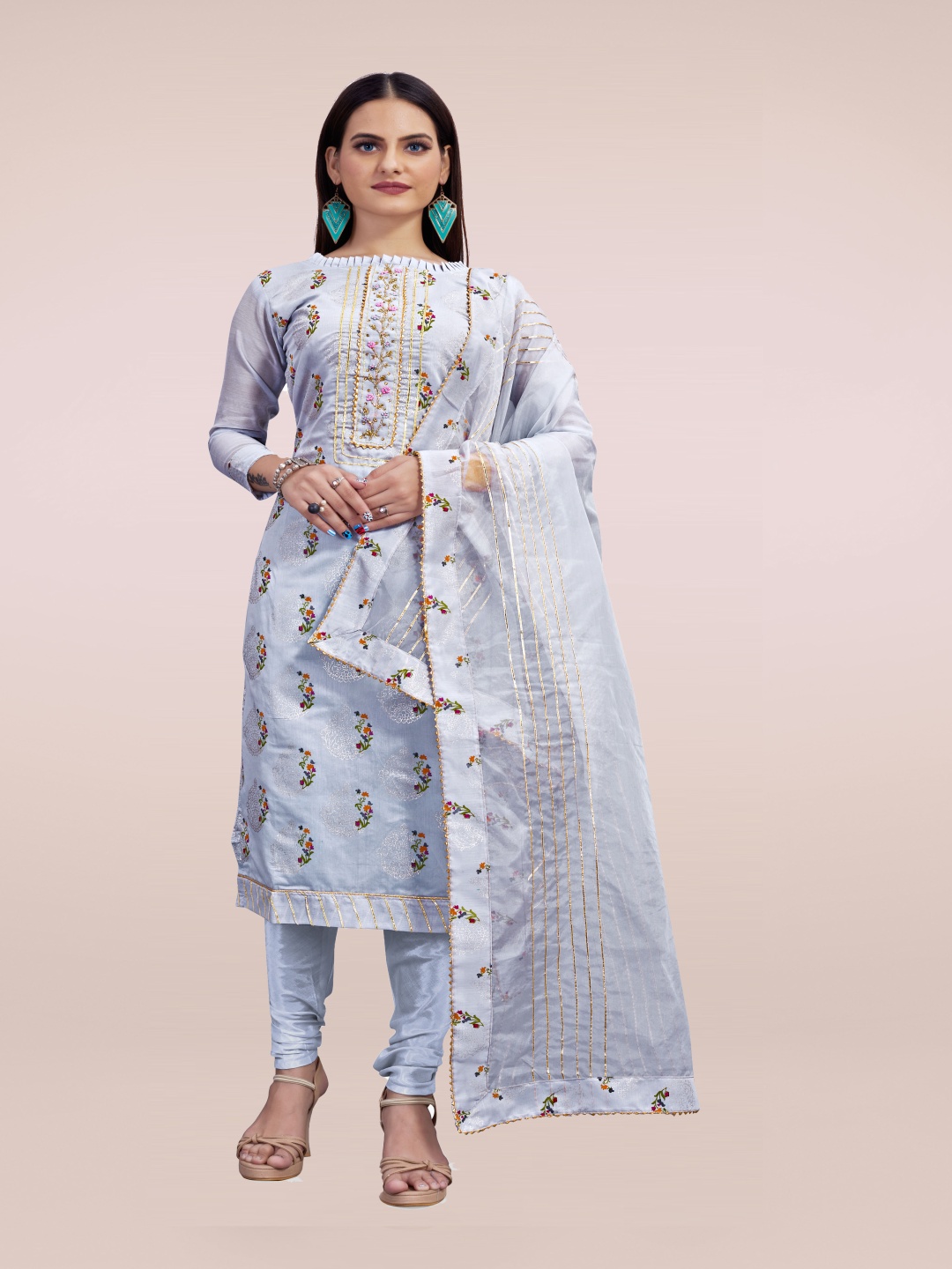 

HERE&NOW Floral Printed Gotta Patti Unstitched Dress Material, Grey