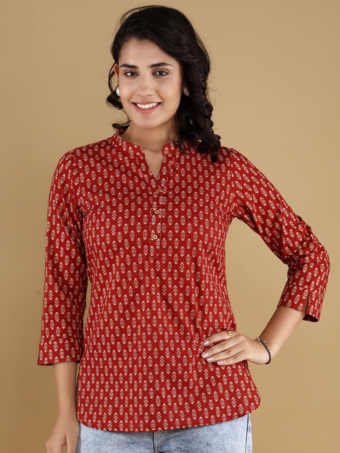 

Chandbaali Floral Print Mandarin Collar Cotton Top, Rust