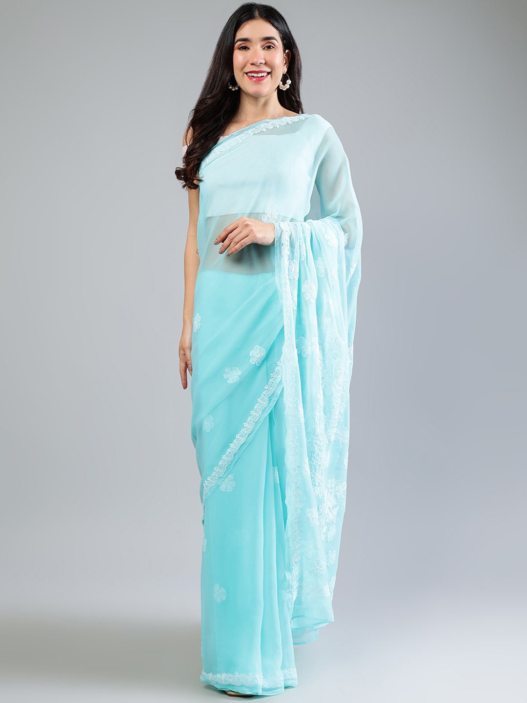 

Seva Chikan Ethnic Motifs Embroidered Poly Georgette Designer Saree, Blue