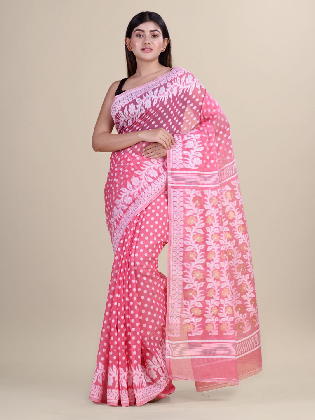 

Laa Calcutta Floral Silk Cotton Jamdani Saree, Pink