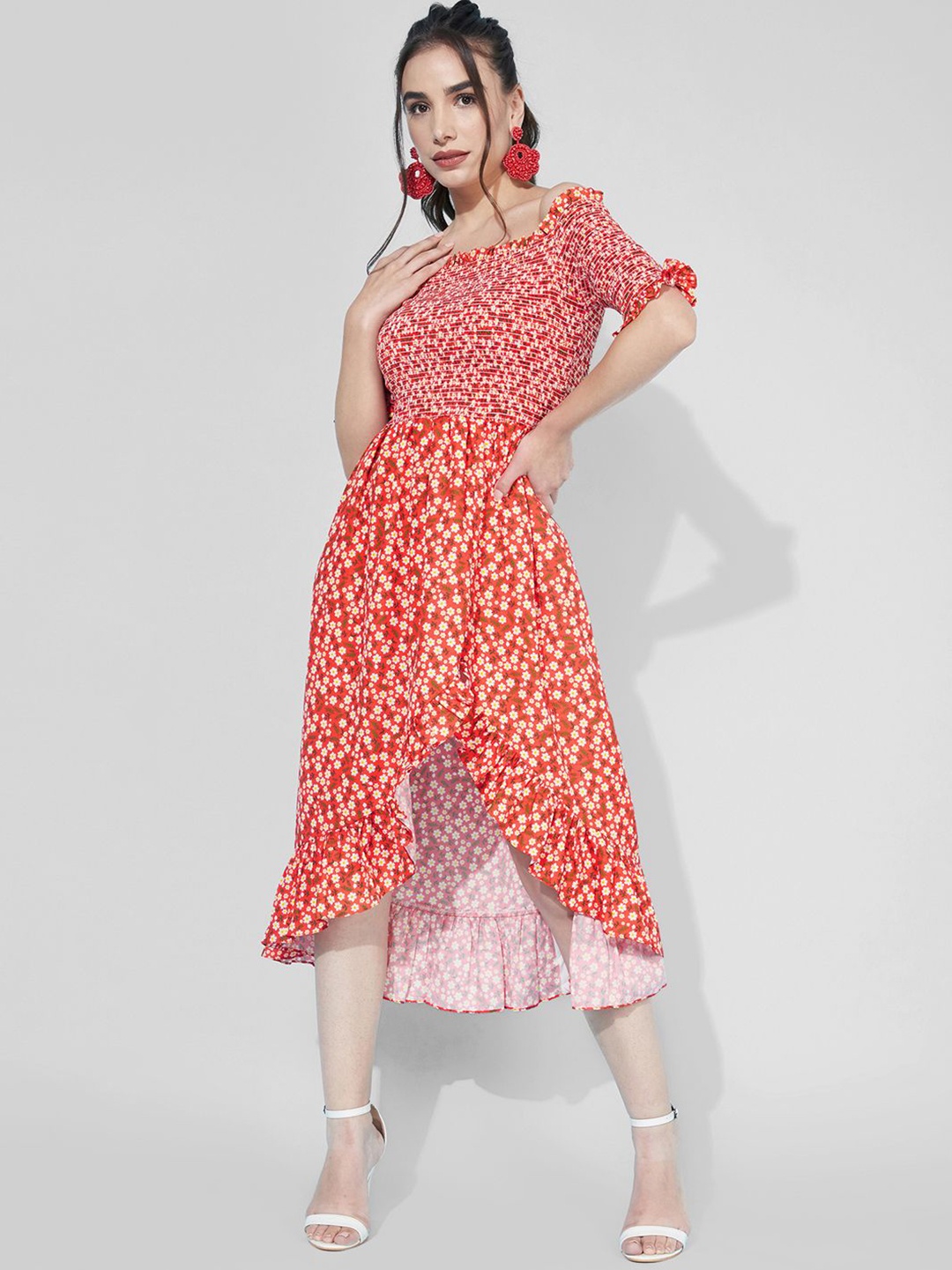 

Moda Rapido Print Puff Sleeve A-Line Midi Dress, Red