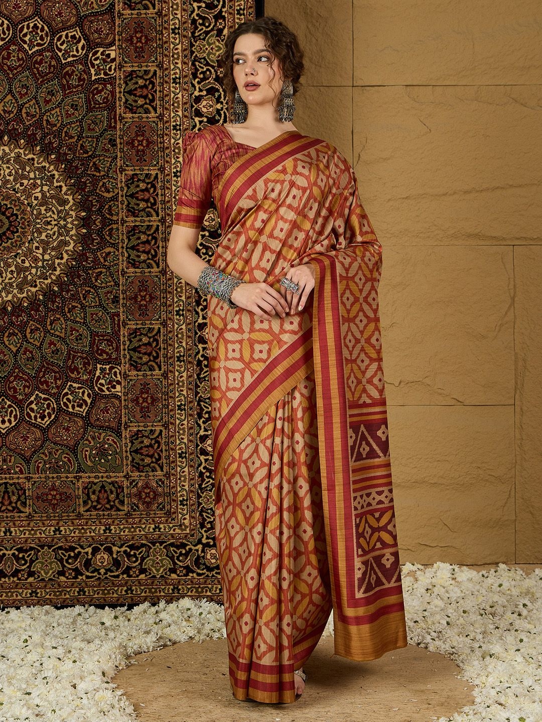 

Mitera Ethnic Motifs Silk Blend Bagru Saree, Rust