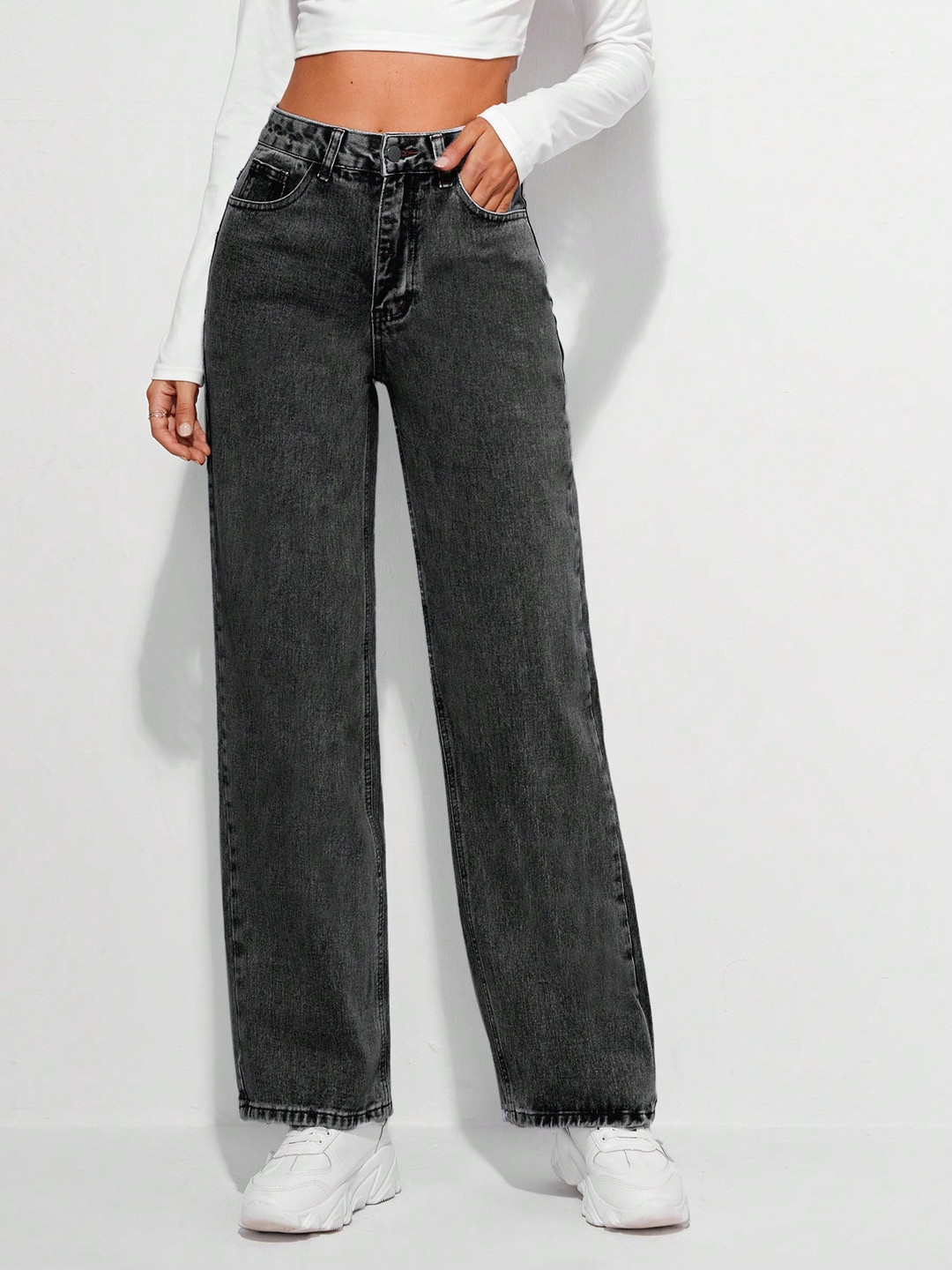 

NU CLOTHS Women Jean Wide Leg High-Rise Stretchable Jeans, Grey