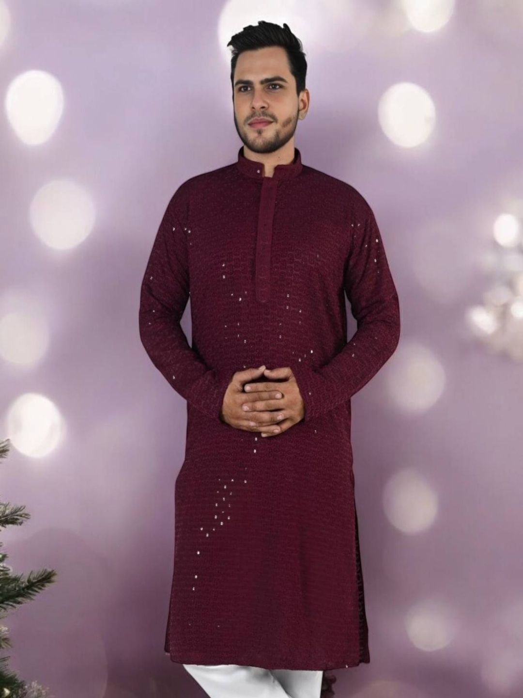 

Atly Floral Embroidered Chikankari Mandarin Collar Straight Kurta, Burgundy