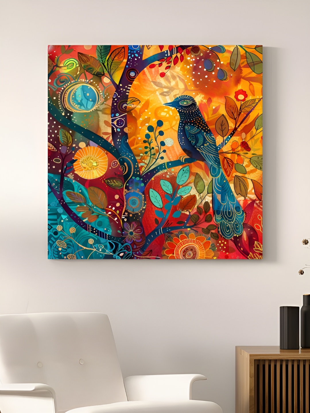 

Myntra Elegant Homes Gold-Toned & Green Birds In a Tree Birds & Animals Canvas Wall Art