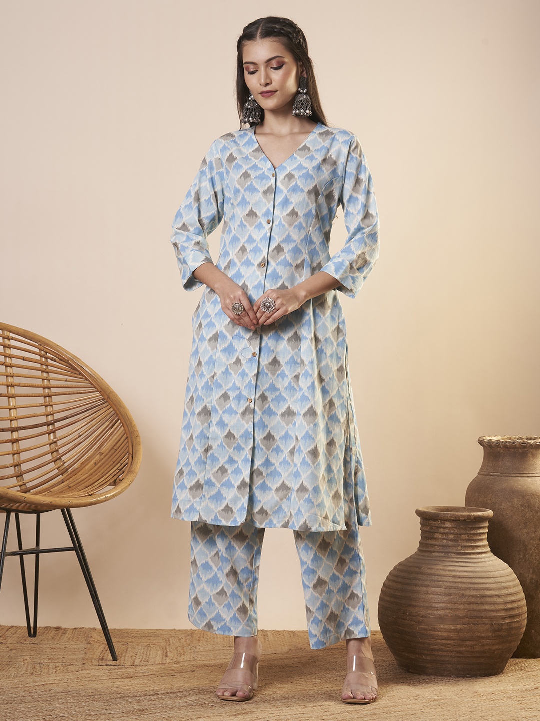 

FASHOR Printed A-Line V Neck Tunic With Trousers, Blue