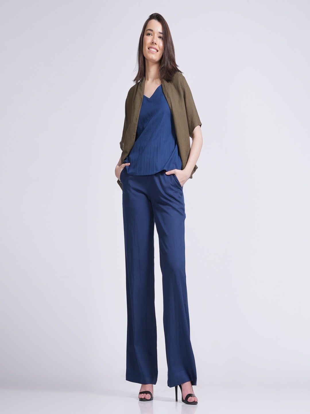 

Saltpetre Wrap Collar Overlay With Slip Top And Trousers Co-Ords, Navy blue