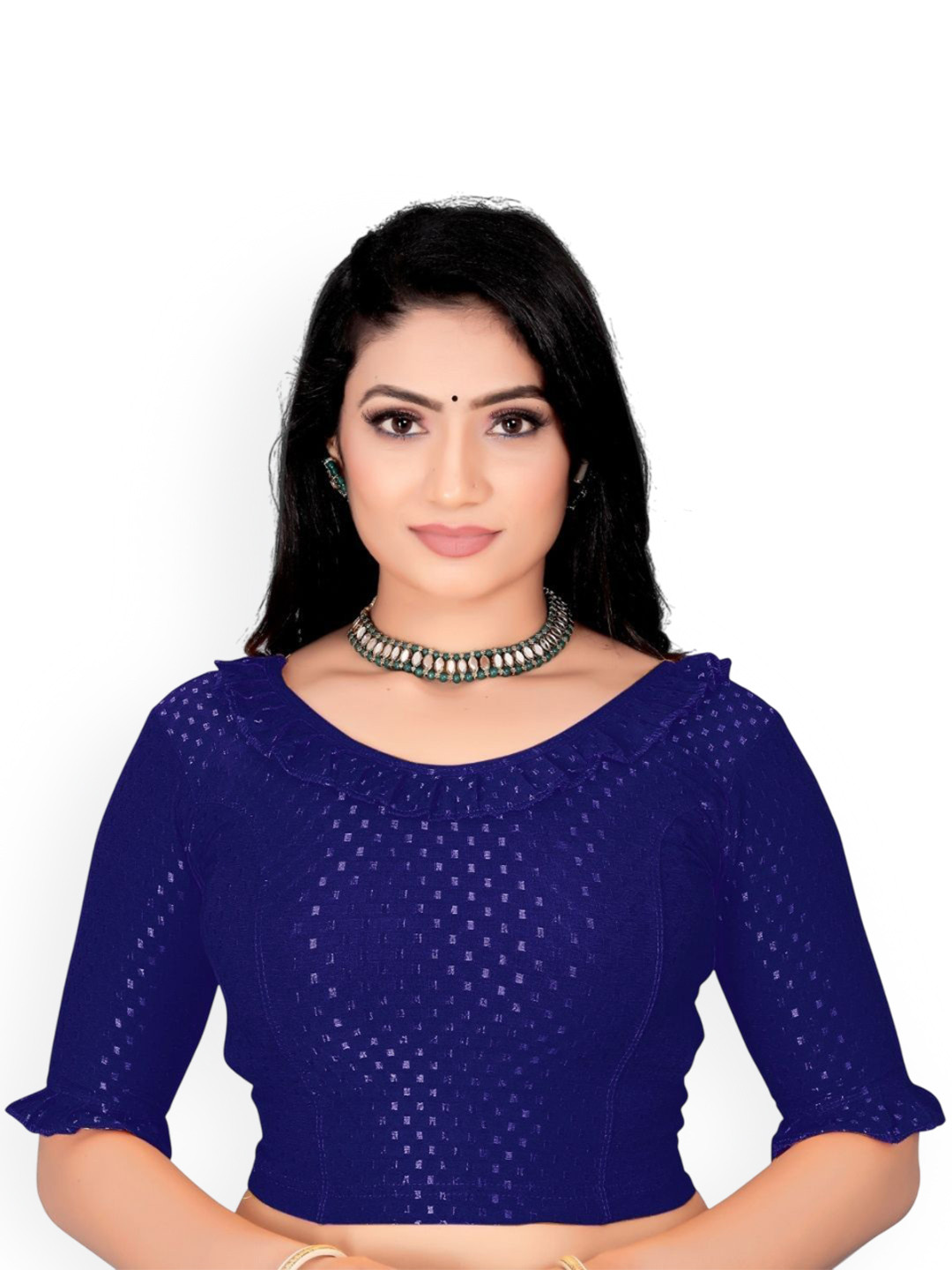 

SS Sanket Synthetics Self-Designed Cotton Frill Blouse, Navy blue