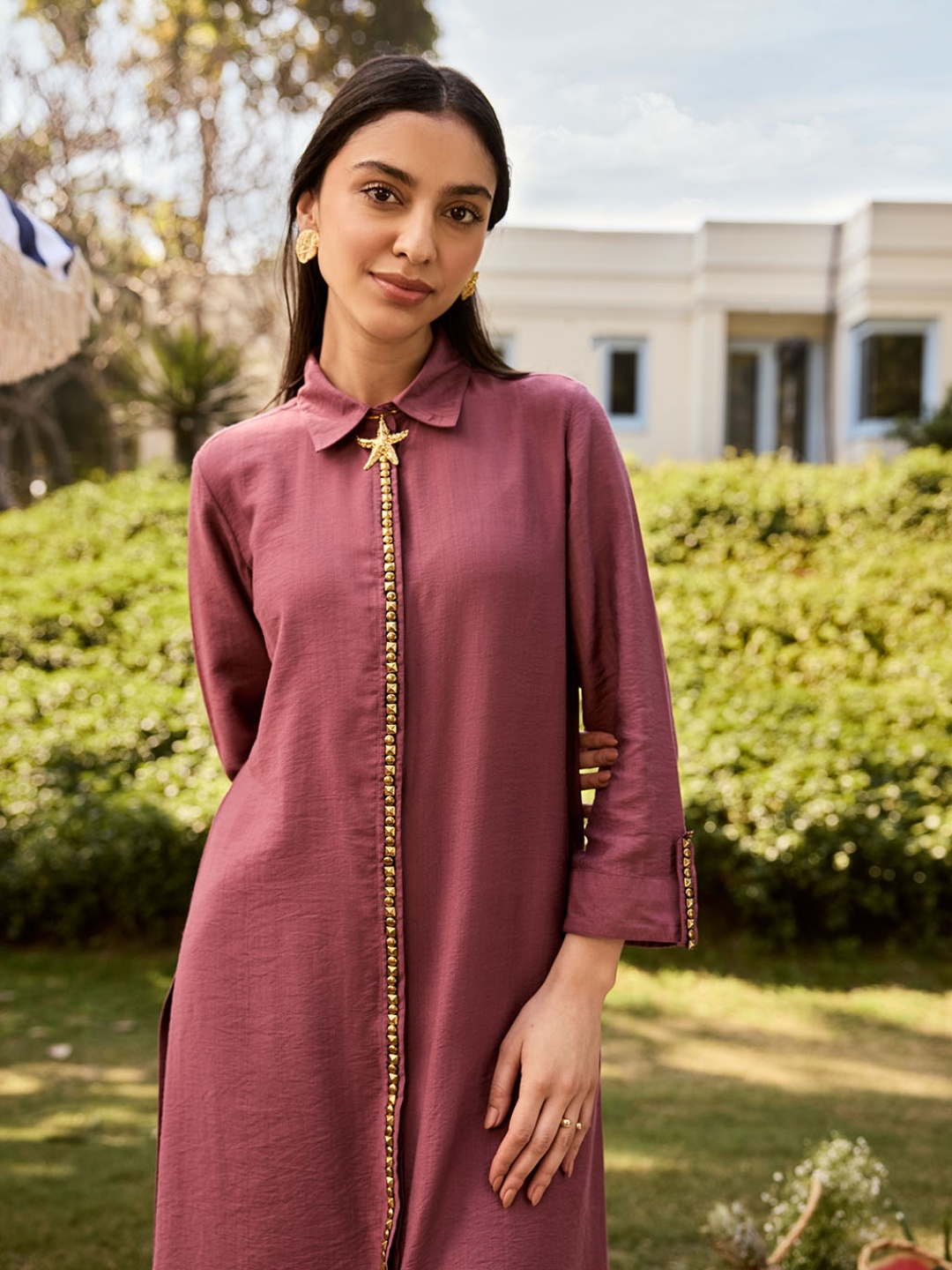 

Lakshita Shirt Collar Beads and Stones A-Line Kurta, Pink