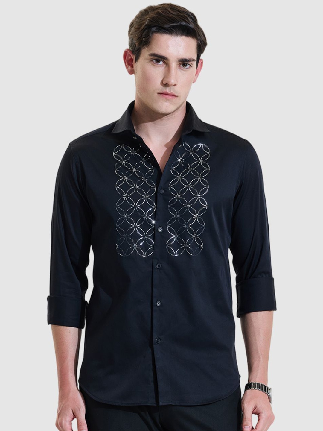 

Snitch Men Smart Slim Fit Opaque Printed Casual Shirt, Black