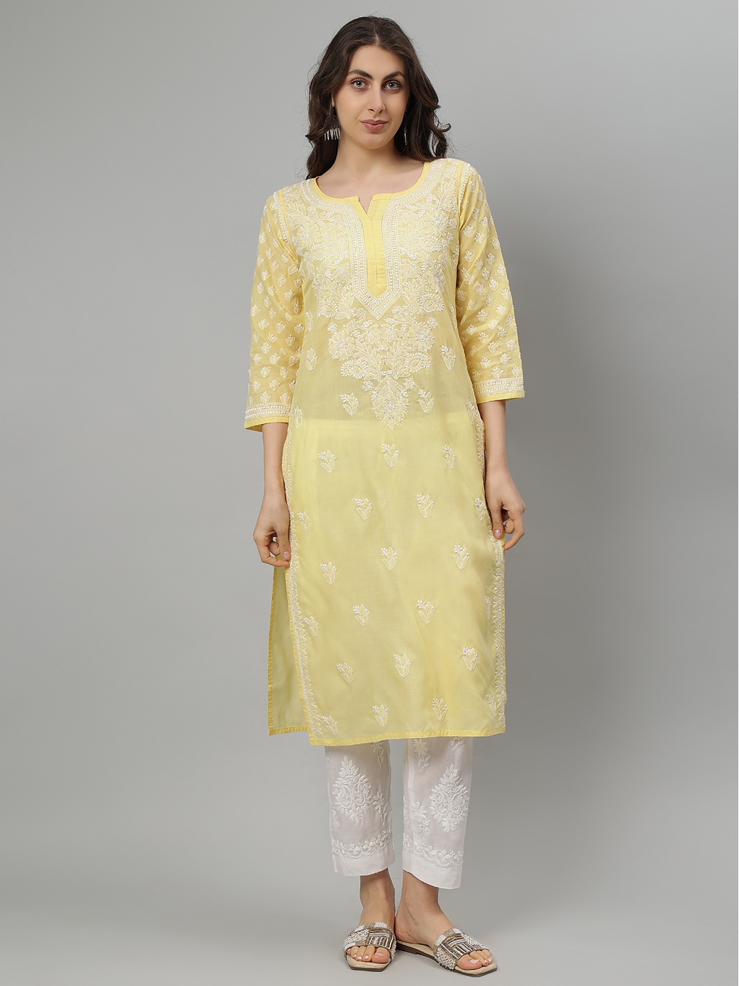 

Seva Chikan Floral Embroidered Notch Neck Lucknowi Chikankari Straight Kurta, Yellow