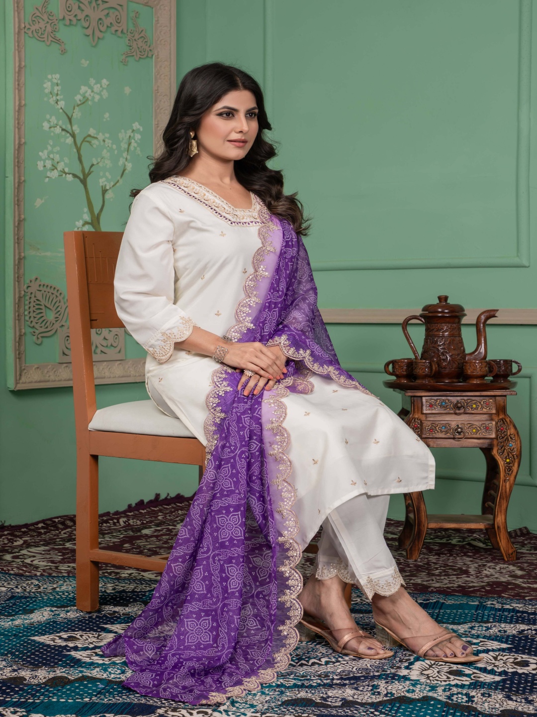 

ZIBLON Women Embroidered Regular Thread Work Chanderi Cotton Kurti with Trousers & With Dupatta, Purple