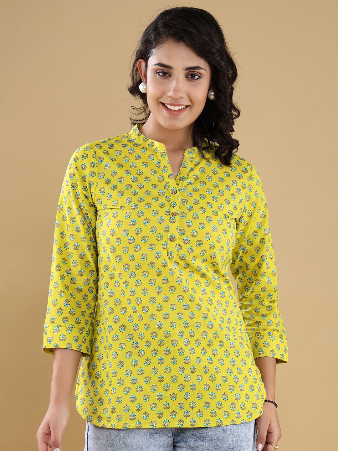 

VASVI Floral Print Mandarin Collar Cotton Top, Olive