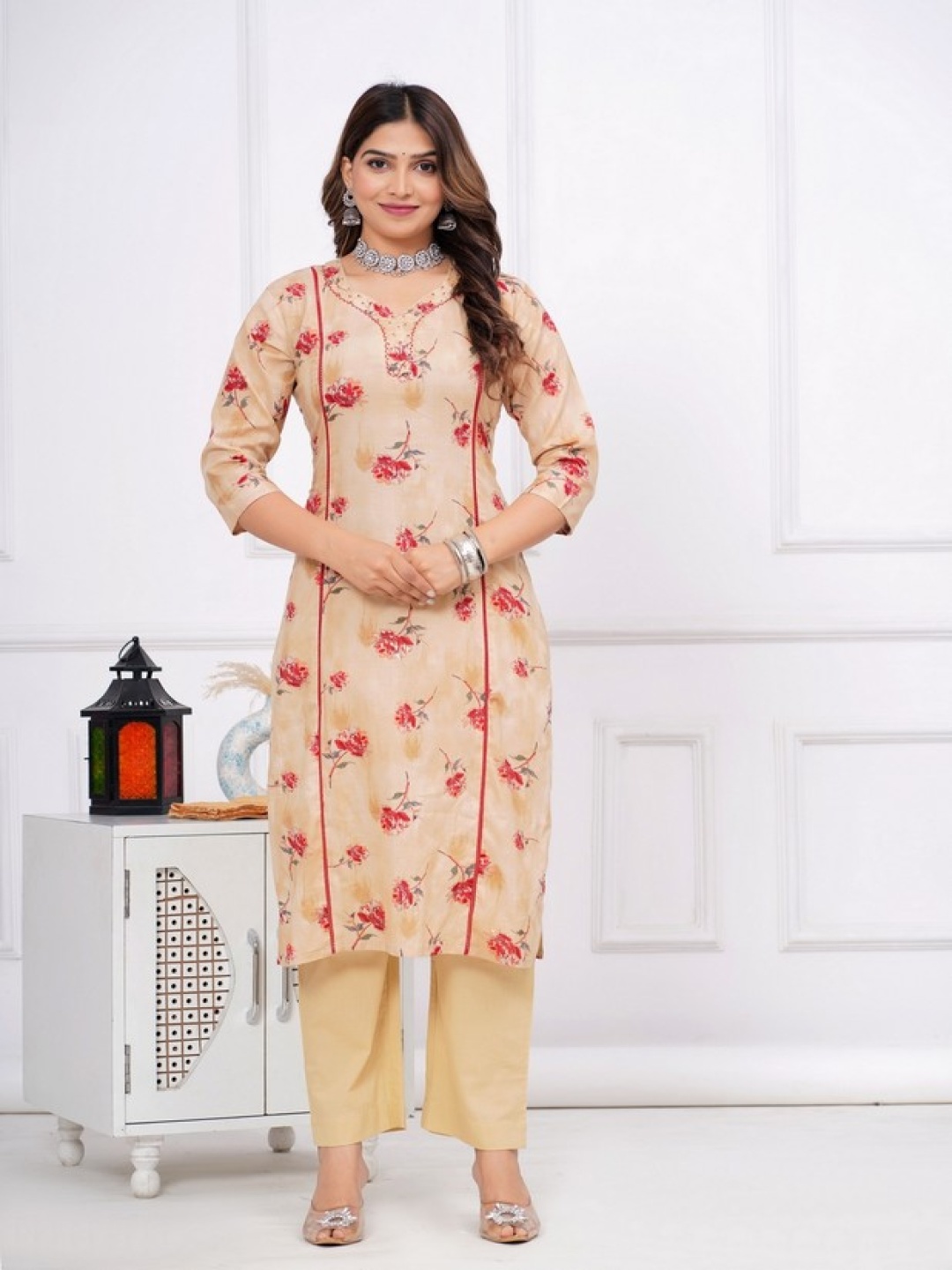 

Kanahari Women Floral Embroidered Tiered Pure Cotton Kurti with Palazzos & With Dupatta, Beige
