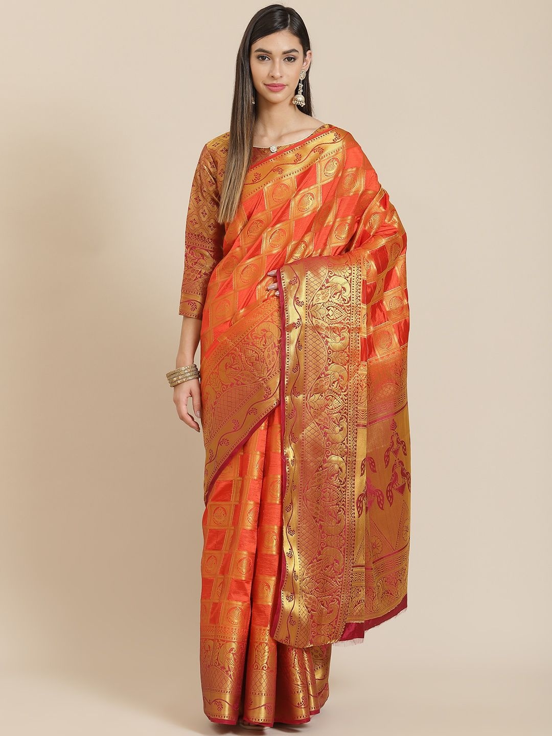 

DIVASTRI Woven Design Zari Silk Blend Banarasi Saree, Orange