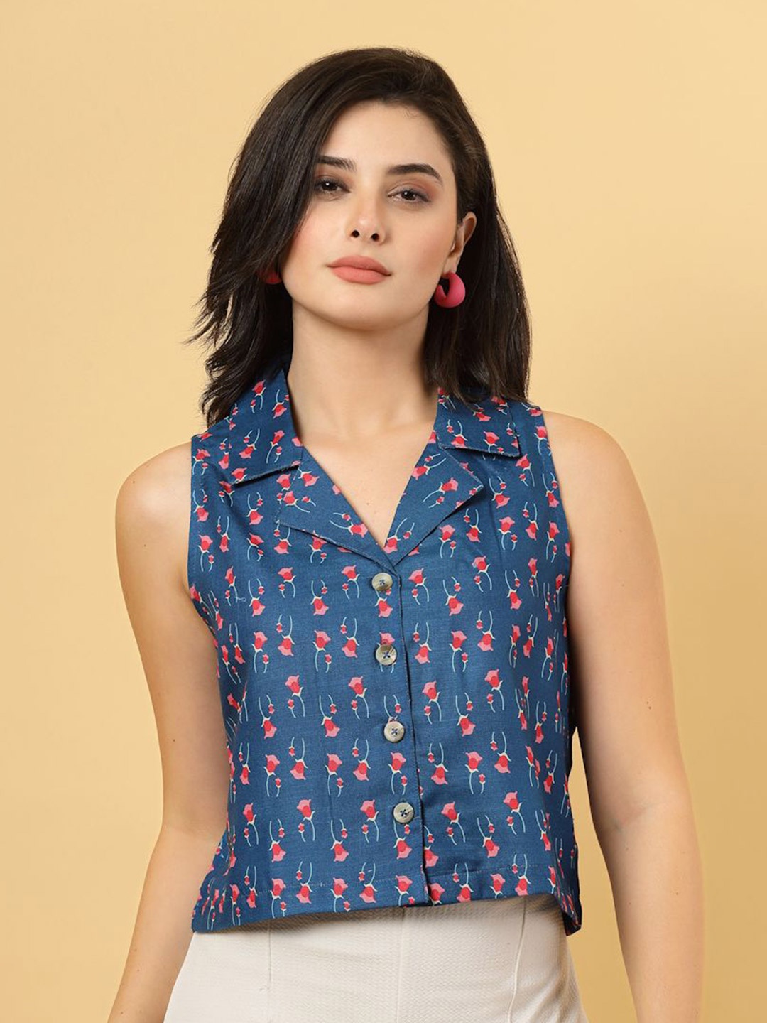 

RAASSIO Print Crepe Shirt Style Top, Blue