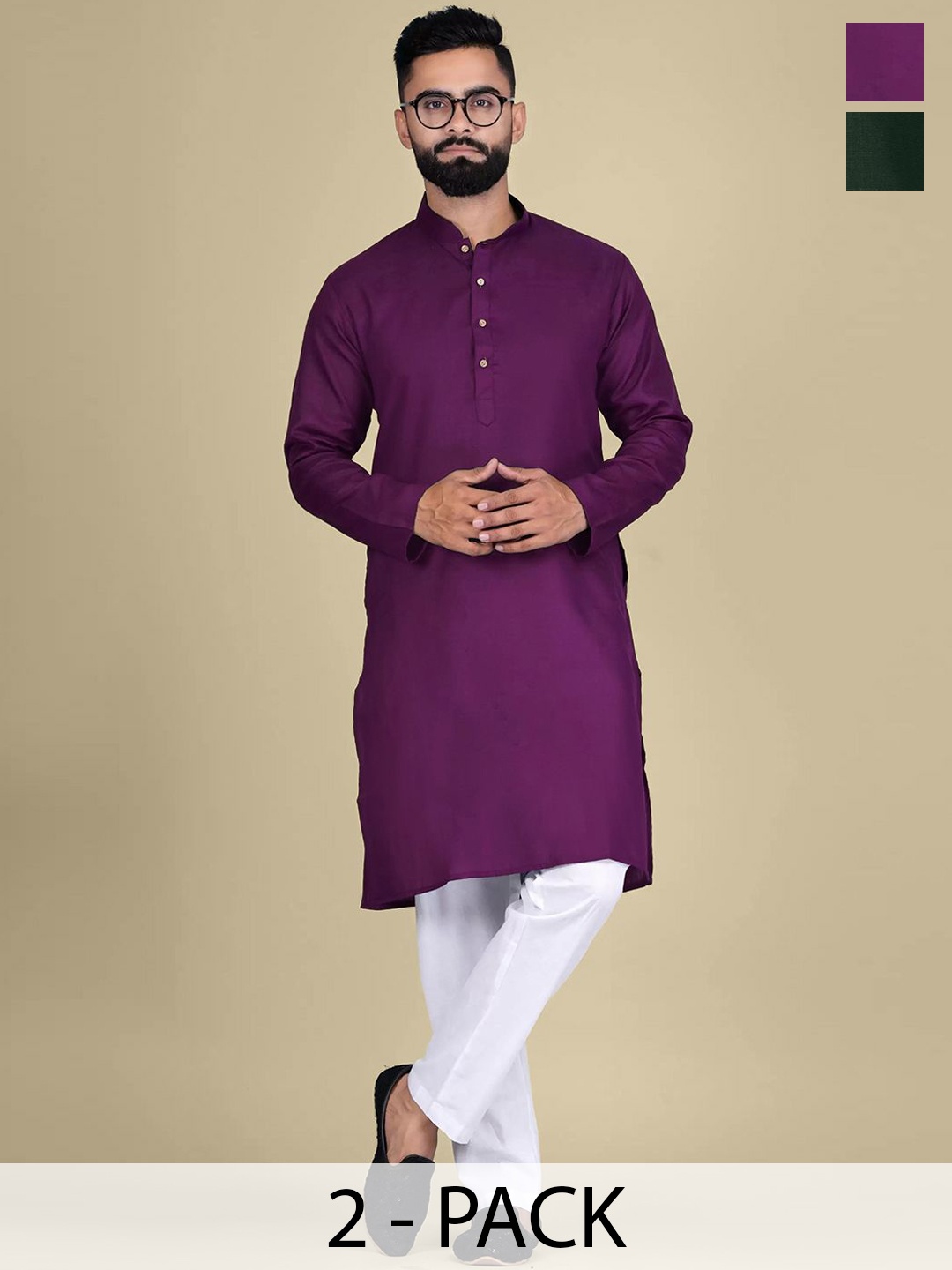 

Moda Rapido Selection Of 2 Mandarin Collar Straight Kurtas, Purple