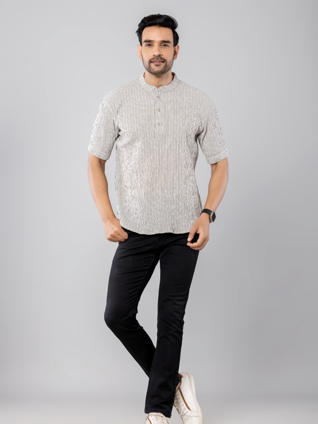 

Aanys Culture Striped Short Kurta, Grey