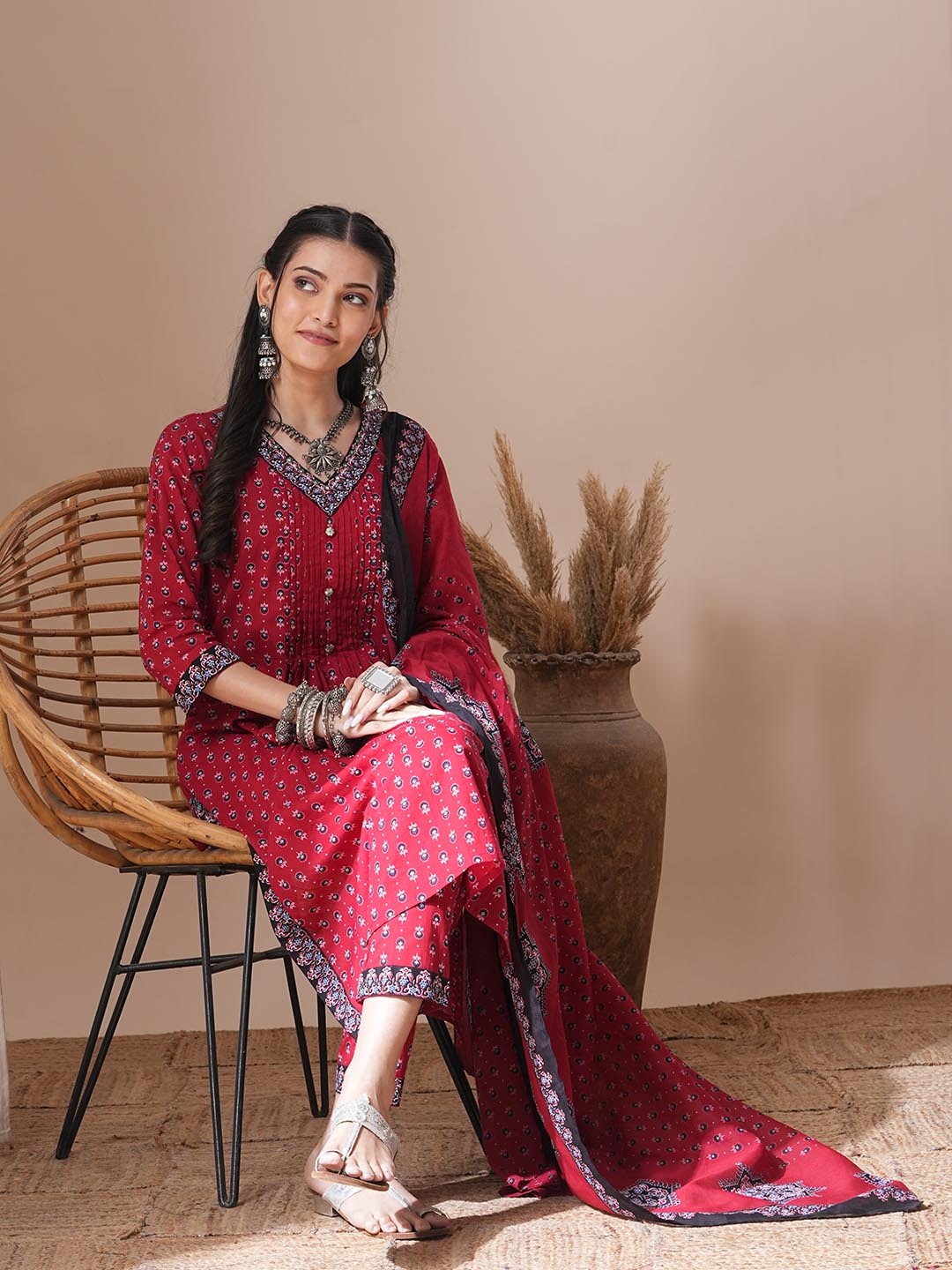 

FASHOR Women Ethnic Motifs Printed Pleated Thread Work Pure Cotton Kurta with Trousers & With Dupatta, Maroon