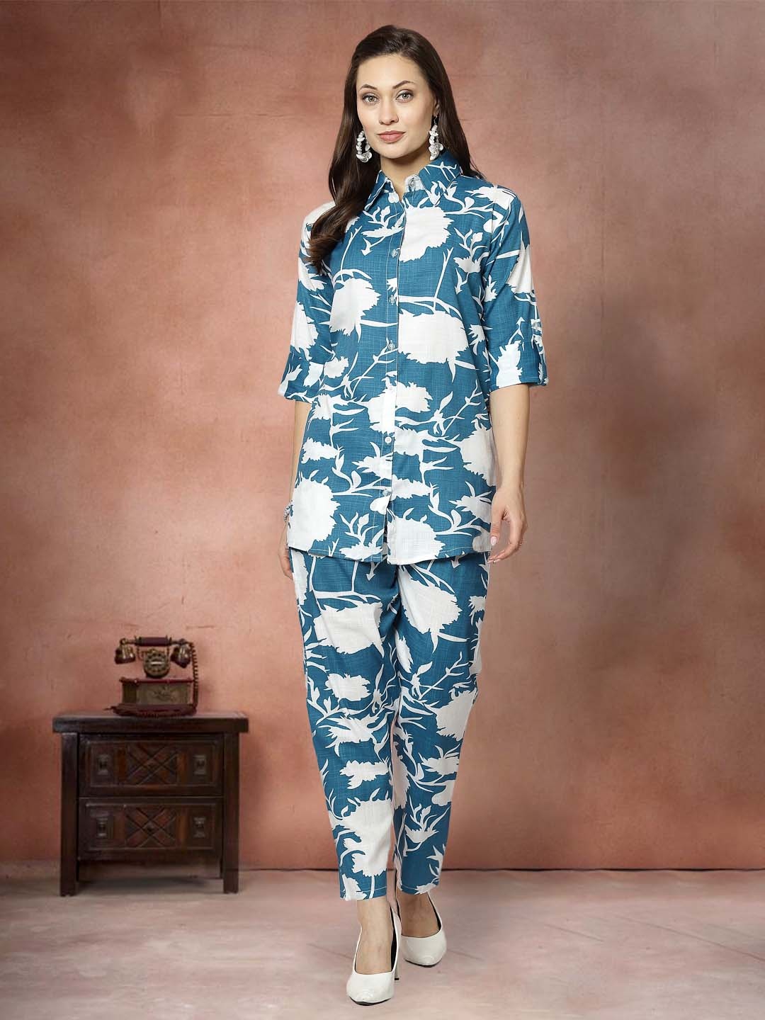 

all about you Printed Shirt Collar Shirt & Trousers Co-ords, Turquoise blue
