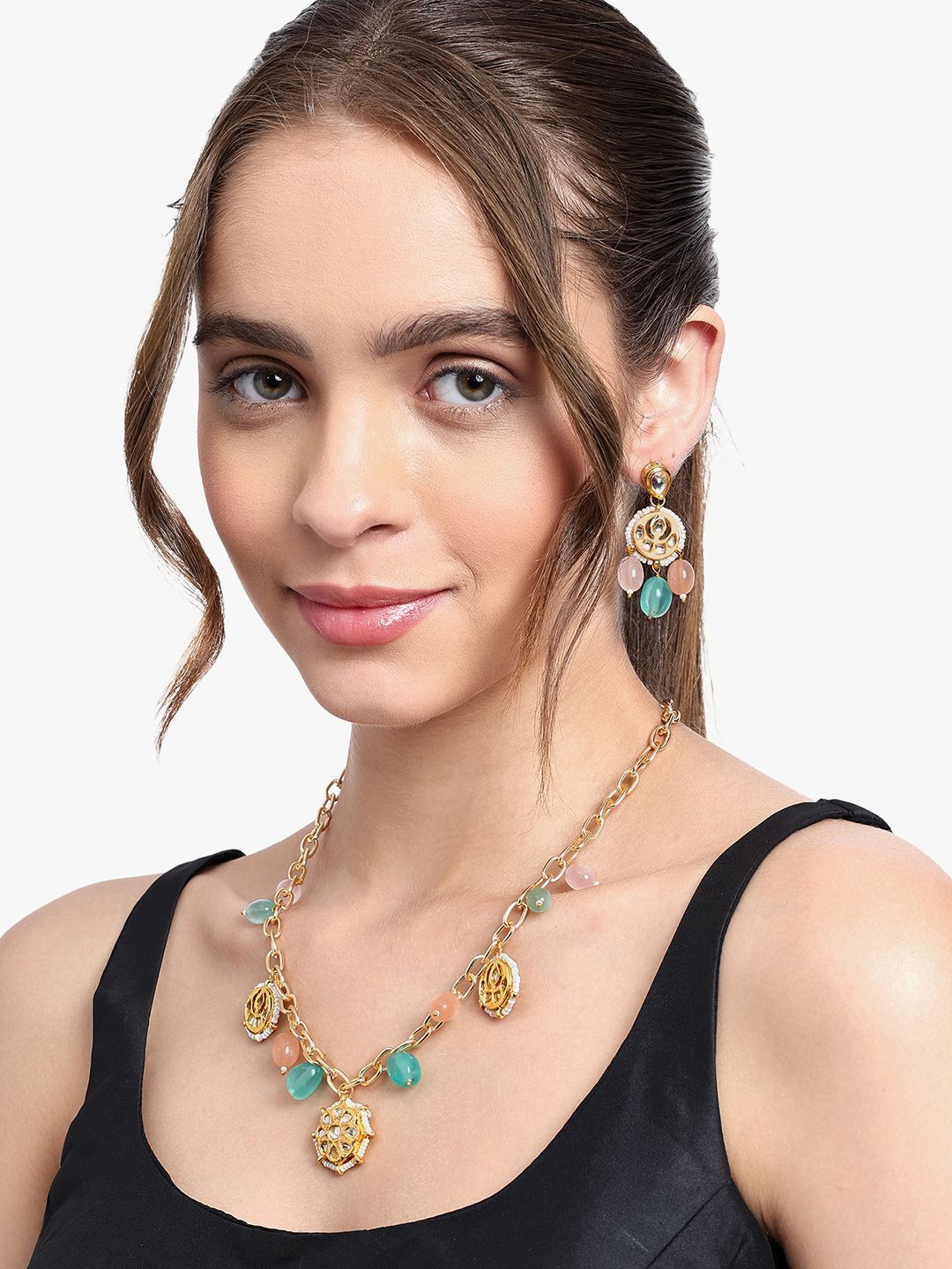 

AARSEE OFFICIAL Gold-Plated Kundan Studded Contemporary Shaped Drop Earrings