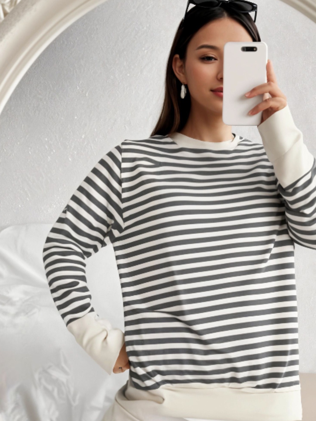 

DressBerry Women Striped Extended Sleeves Monochrome Pockets T-shirt, Grey