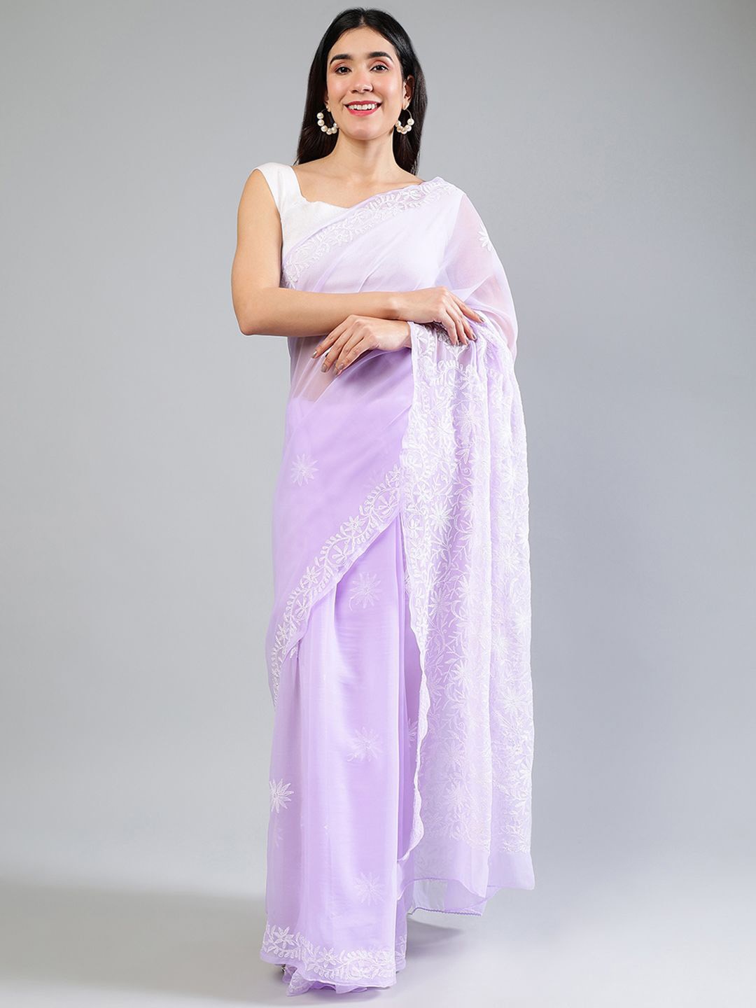 

Seva Chikan Floral Embroidered Poly Georgette Saree, Mauve