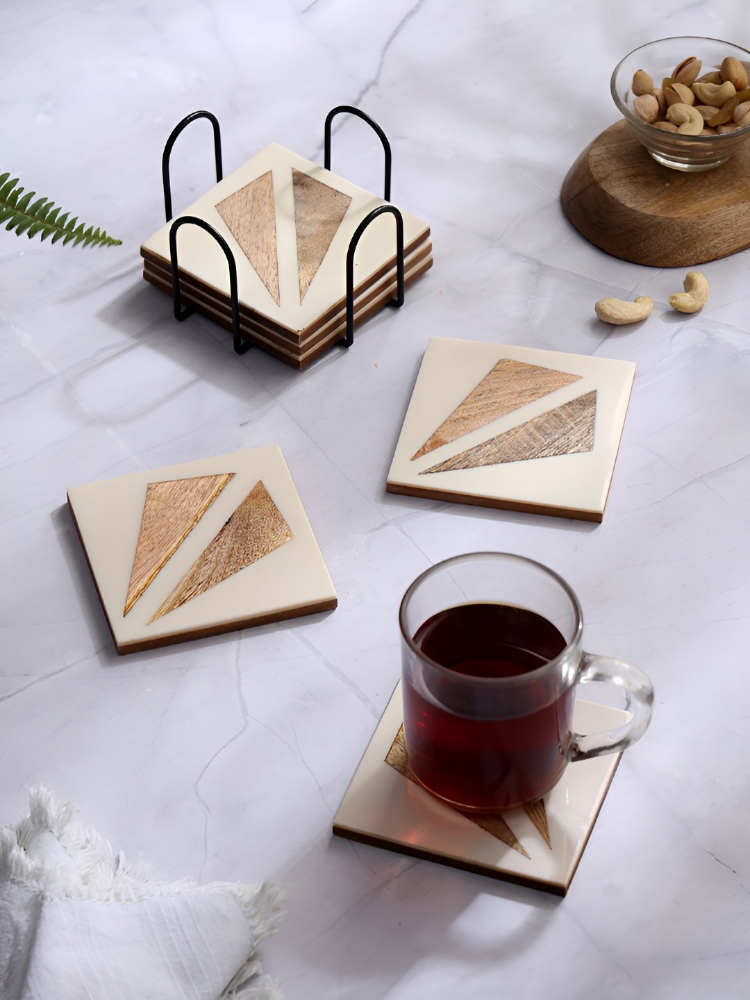 

DULI Cream & Beige 6 Pieces Printed Square Wood Coasters With Stand