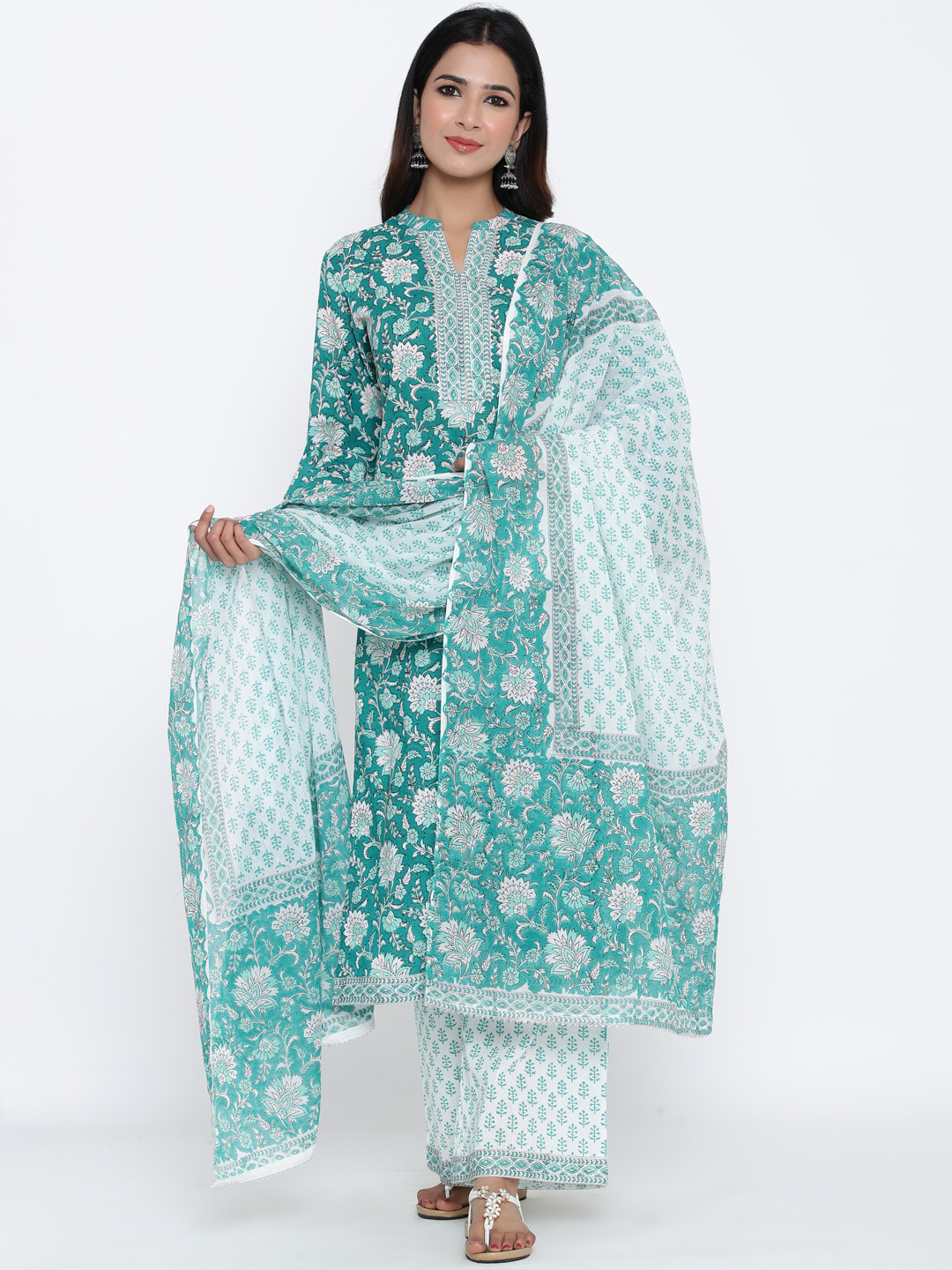 

CHIRAAI Women Floral Regular Pure Cotton Kurta with Trousers & With Dupatta, Green