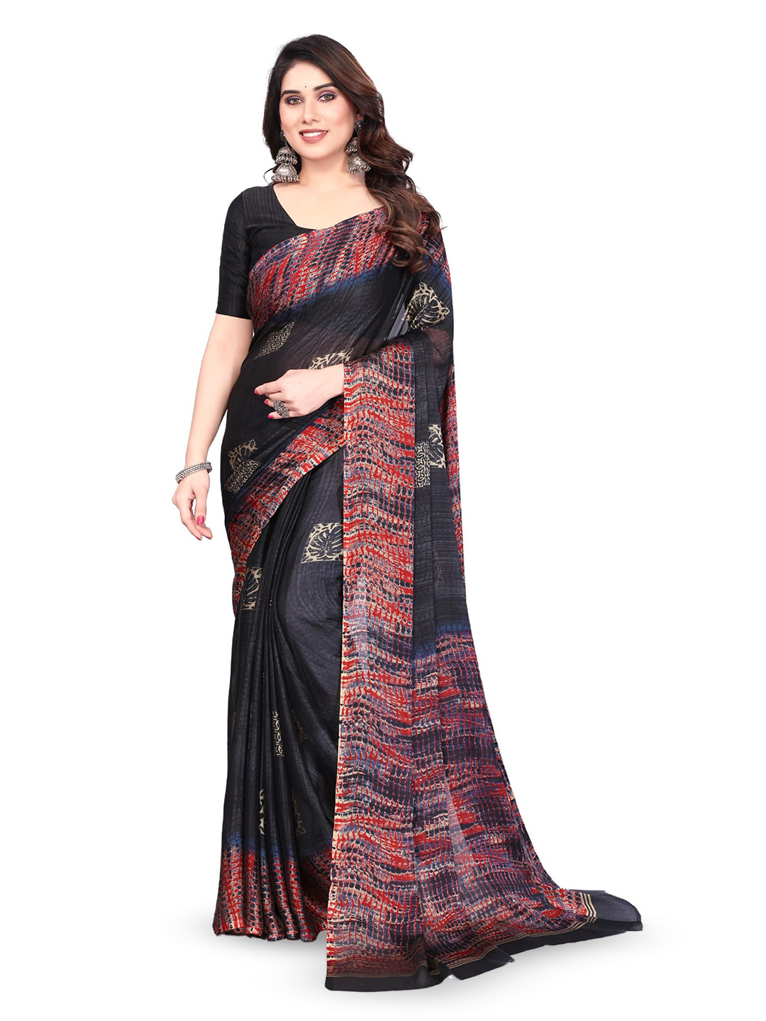 

MAGNEITTA Floral Pure Chiffon Designer Saree, Black