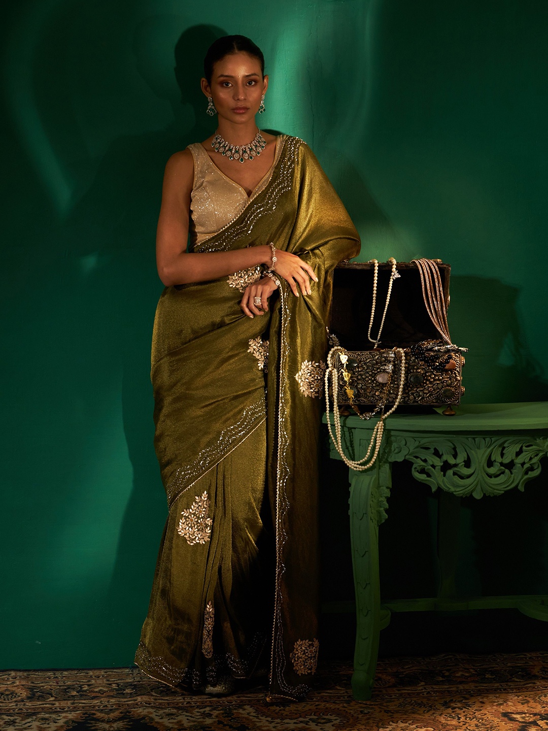 

Sabaahat Embellished Beads and Stones Pure Silk Designer Saree, Green