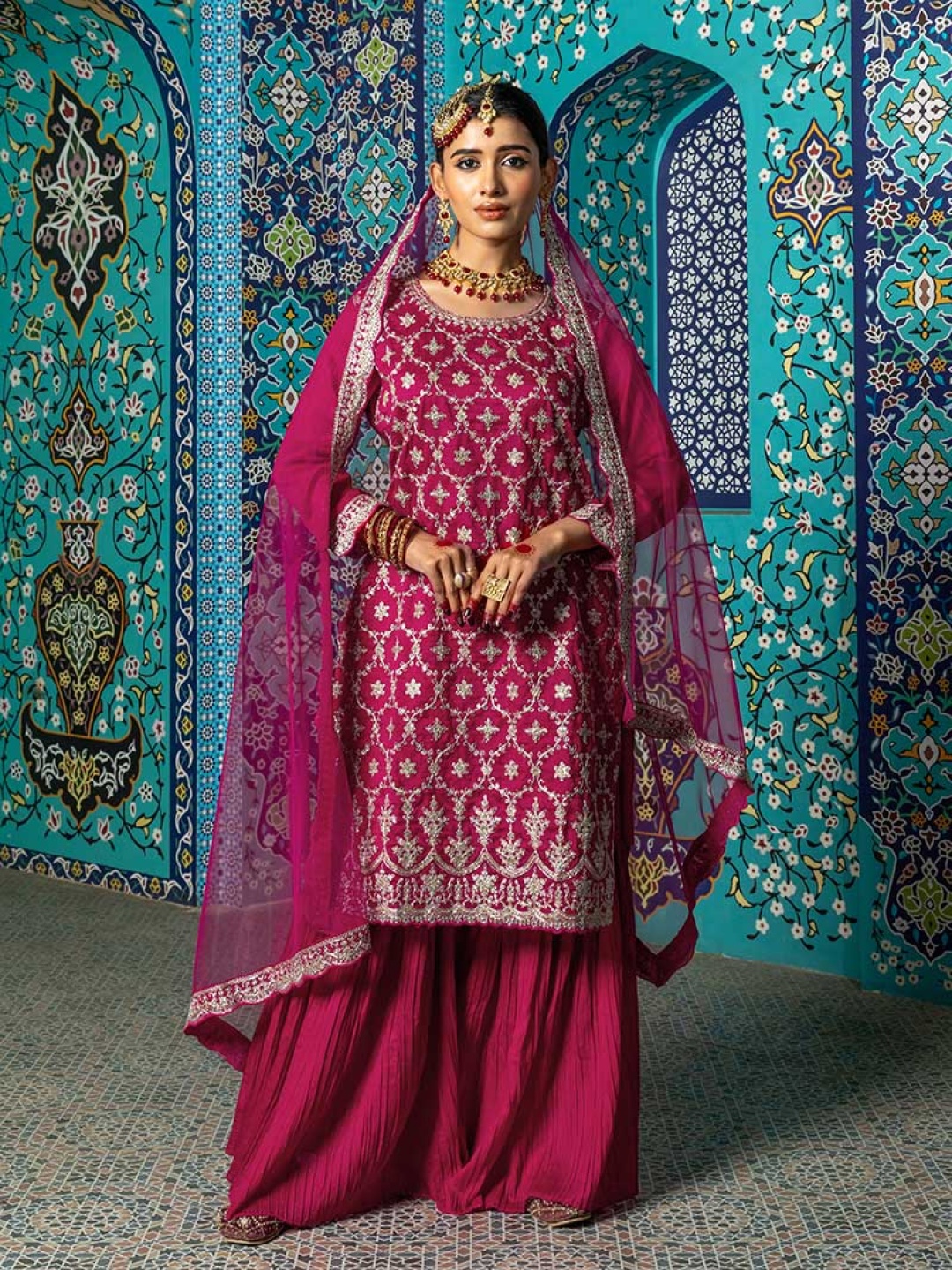 

KALINI Women Floral Embroidered Regular Thread Work Kurta with Sharara & With Dupatta, Pink