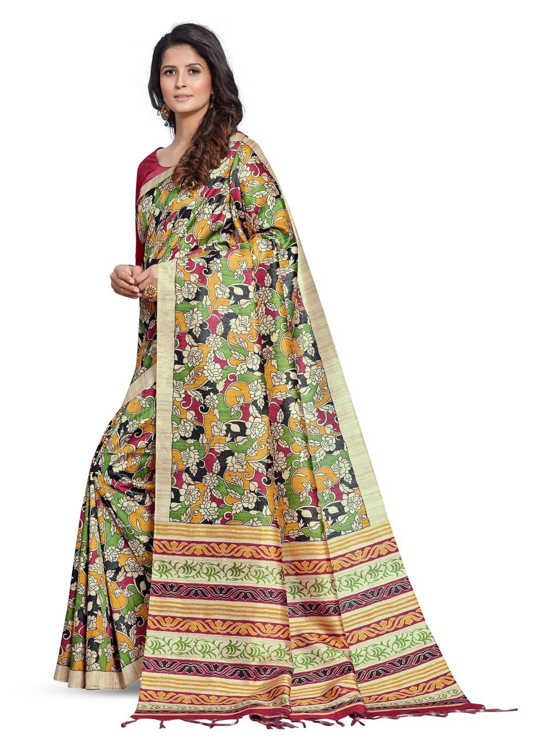 

Mitera Kalamkari Silk Blend Block Print Saree, Beige