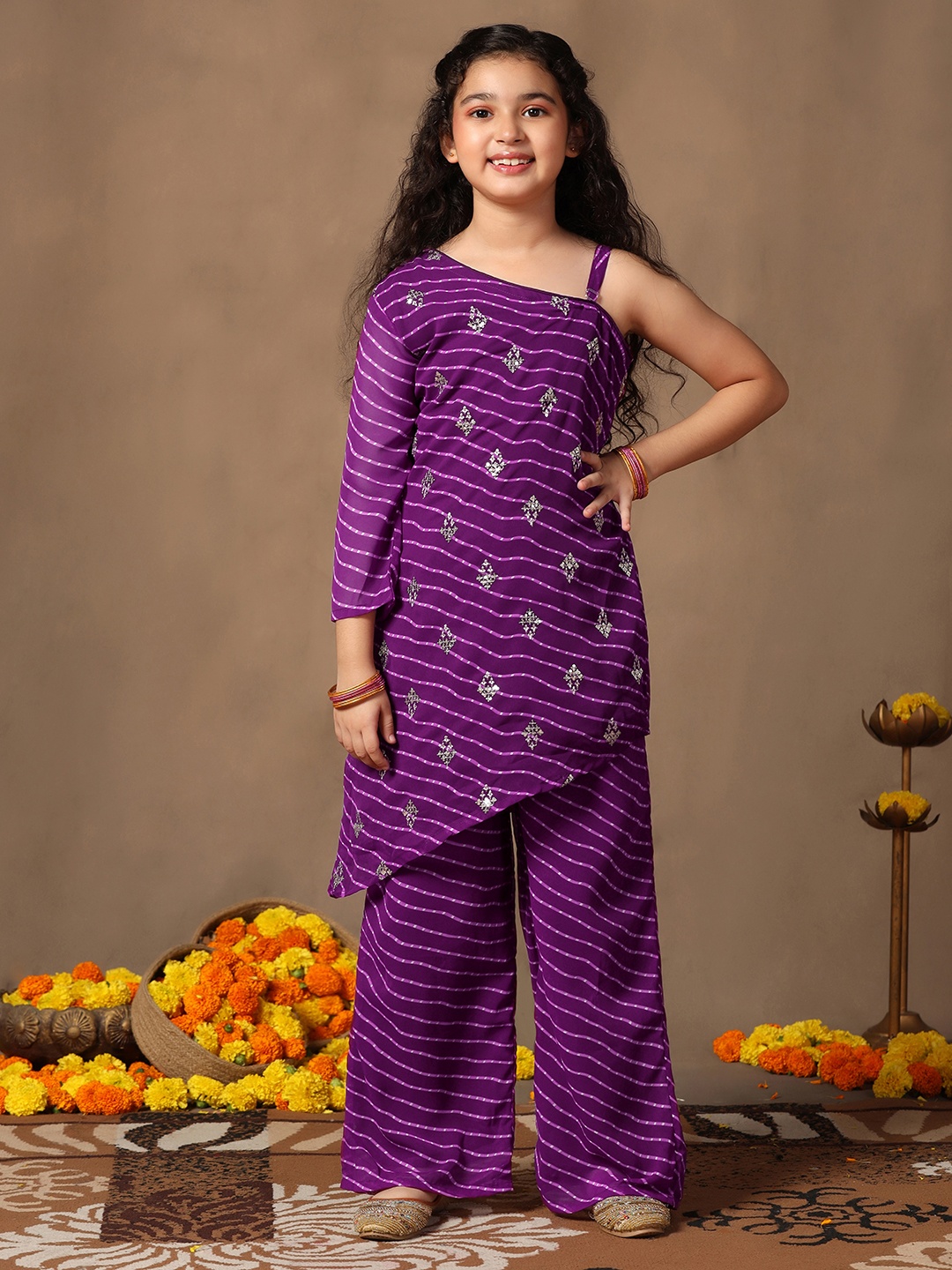 

BAESD Girls Leheriya Printed Regular Beads and Stones Kurta with Palazzos, Purple
