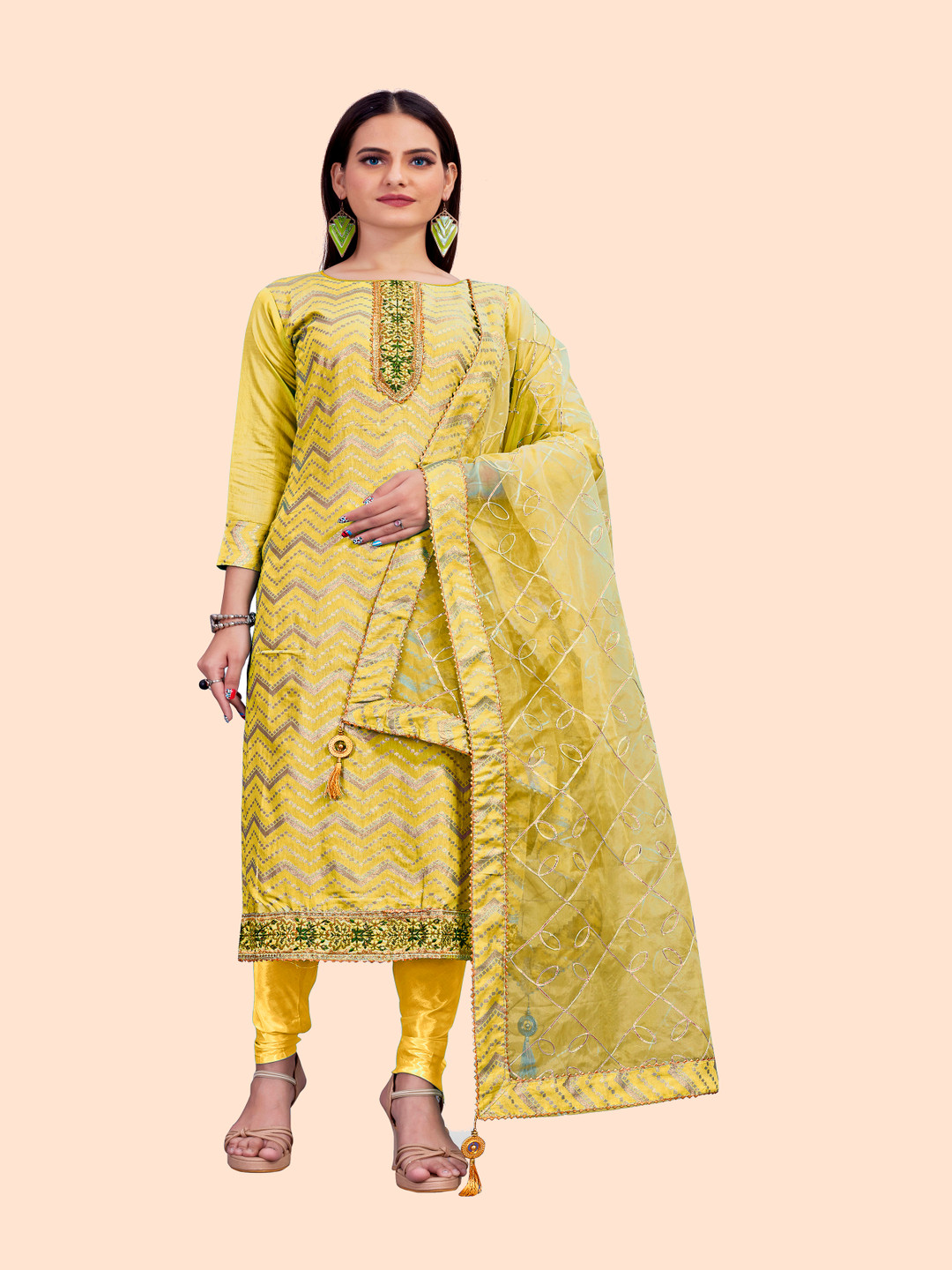 

HERE&NOW Chevron Embroidered Sequinned Unstitched Dress Material, Yellow