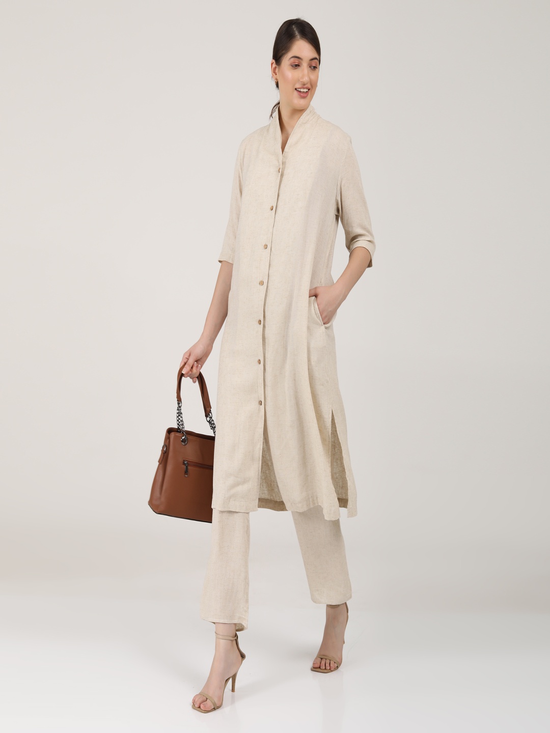 

Saltpetre Linen Long Shirt Jacket With Trouser Co-Ords Set, Beige