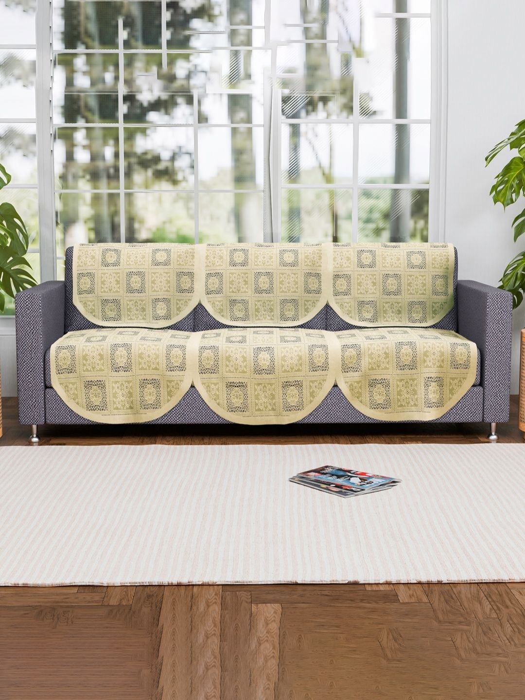 

Aura Cream & Green 6 Pieces Floral Printed Cotton Sofa Covers