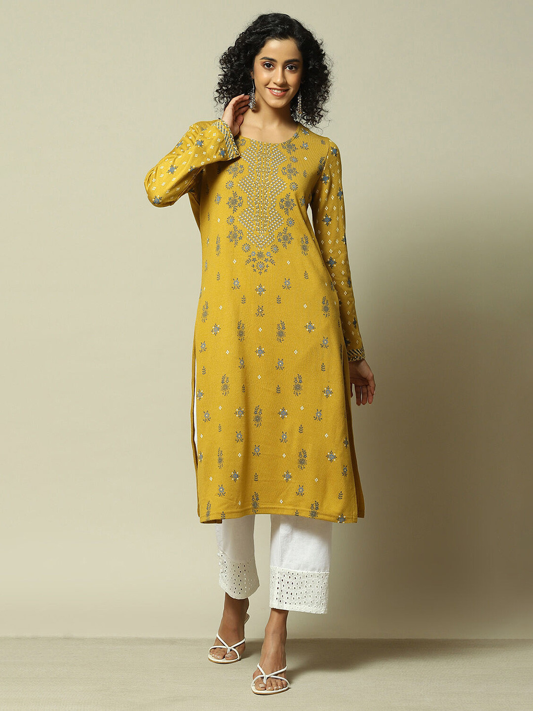 

Rangriti Floral Printed Round Neck Straight Kurta, Yellow