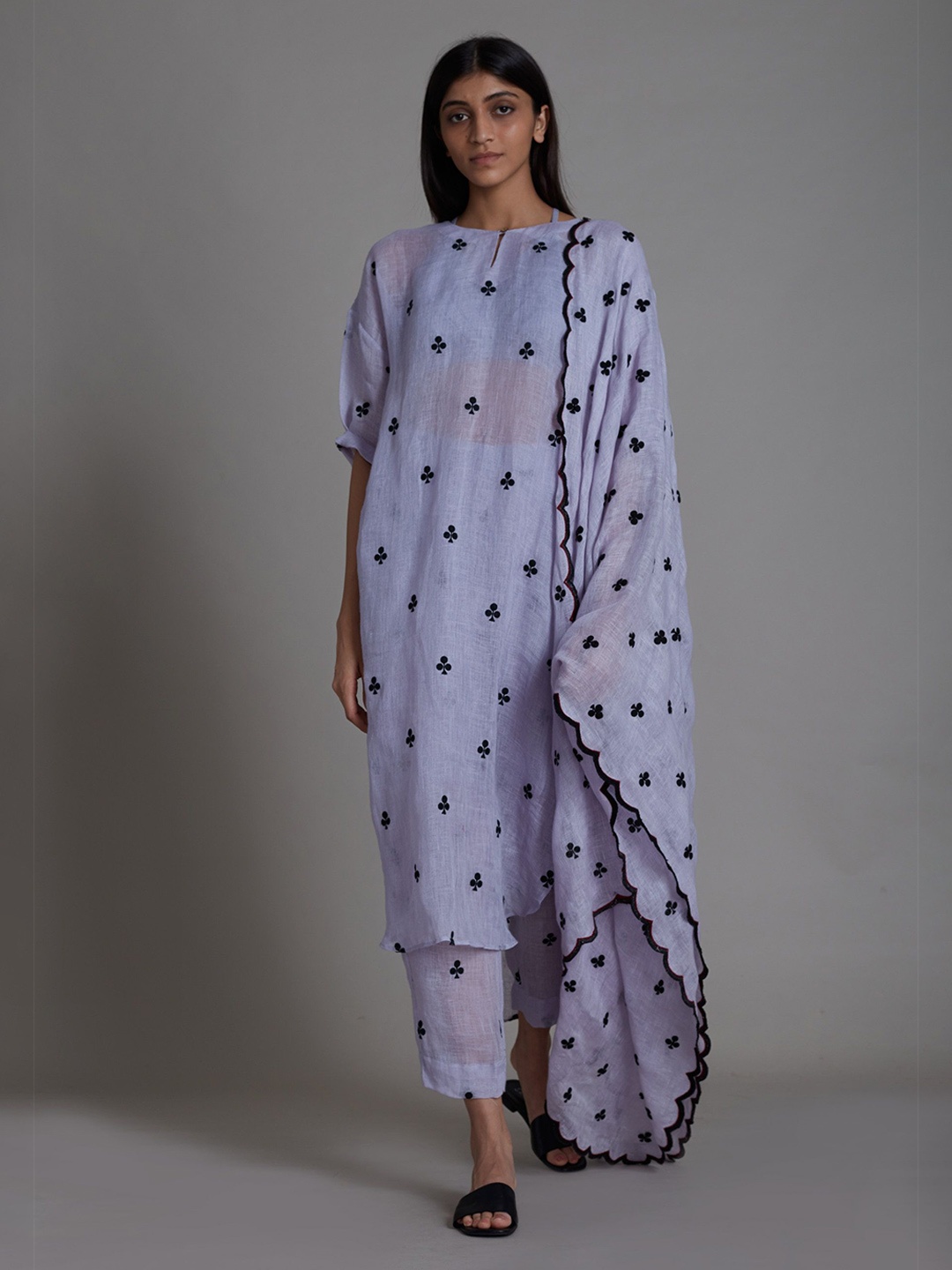 

MATI Women Printed Regular Linen Kurta with Trousers & With Dupatta, Lavender